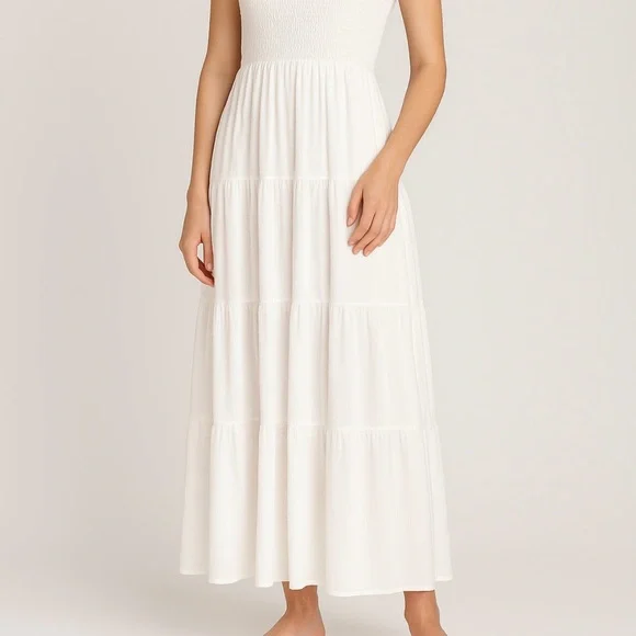 Tiered Dress SZ M White Maxi Beachy Smocked Ruffle Cottagecore Resort Fairycore - Picture 2 of 16
